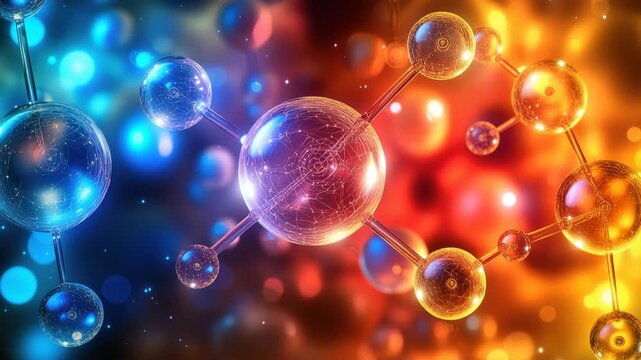 Close-Up View of Colorful Molecules with Bright Bokeh Background in Vibrant Red, Orange, and Blue Hues for Scientific or Educational Use