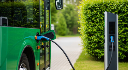 Green electric bus charging at station. Sustainable public transport solution for urban environment. Eco friendly future mobility concept.