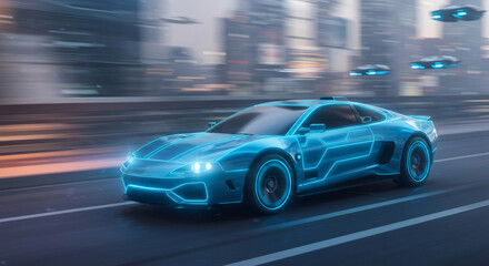 Futuristic electric car with blue neon lights driving on a highway in a city, with flying drone vehicles in the background at night for smart transportation.