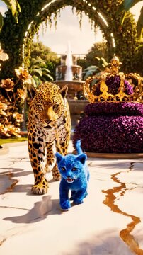 Leopard Walking a Blue Cub on a Leash in a Surreal Luxury Garden
