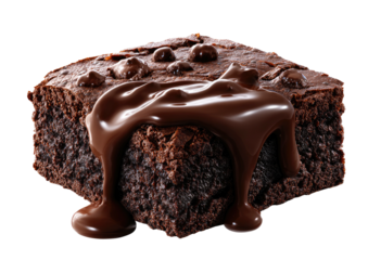 Dark brownie square with chocolate syrup and chips on a black background