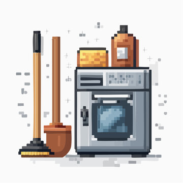 A pixel art illustration of cleaning supplies including a broom, dustpan, and laundry machine with detergent