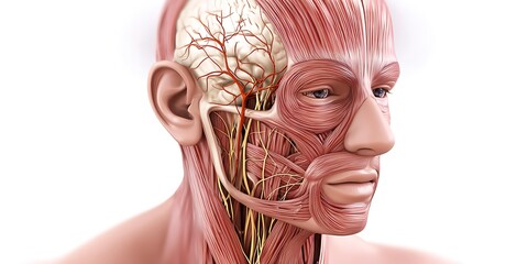 Medical illustration of facial nerve pain zones neurology diagram style calm mood front facial view, Realistic Photo