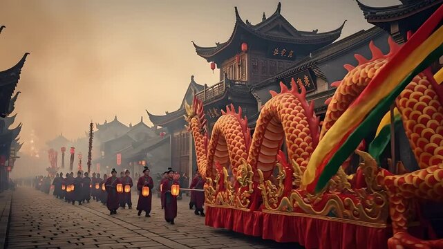 Traditional Chinese dragon parade float moves through an ancient village street during a festival, accompanied by people in historical robes carrying illuminated lanterns.