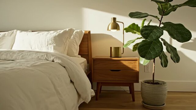 Cozy bedroom interior with bed, nightstand, lamp, and potted fiddle leaf fig plant on wooden floor