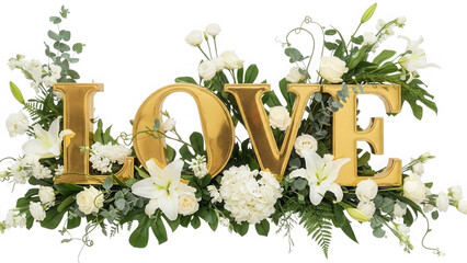 Elegant floral arrangement surrounding golden letters spelling love