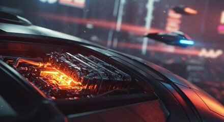 Futuristic vehicle engine with glowing orange details. Concept of advanced technology, speedy travel, and urban transportation in a cyber city.