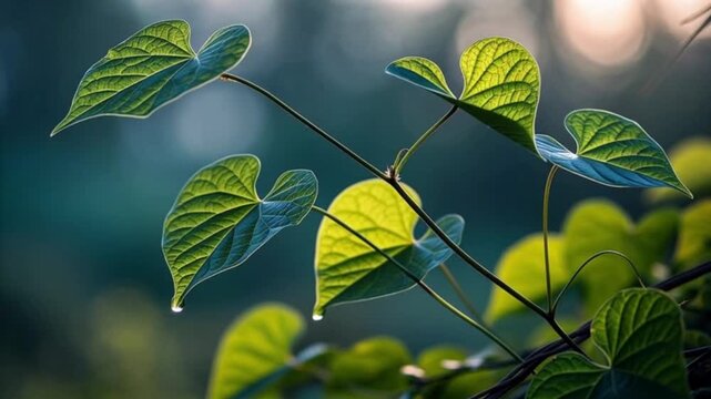 Close up of heart shaped leaves of a plant with a blurred background 4k video.