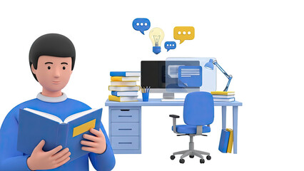 3D Illustration of a student studying at a desk with a computer and books