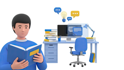 3D Illustration of a student studying at a desk with a computer and books