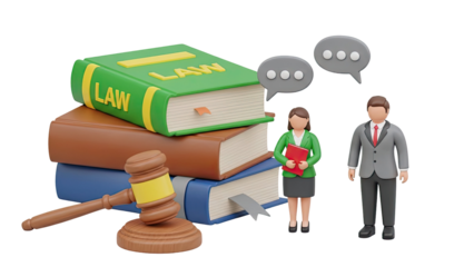 3D Legal Illustration: Law Books, Gavel, Lawyers, and Speech Bubbles