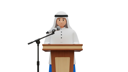 Cartoon man in traditional Arabic attire speaking at a podium with a microphone