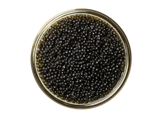 Caviar in metal can, top view, glossy black eggs tightly packed together