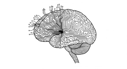 Brain represented by complex circuit board patterns, symbolizing artificial intelligence, digital thought, neuroscience, and the intricate connection between mind and technology.