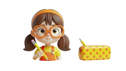 Cartoon girl with pencil and pencil case