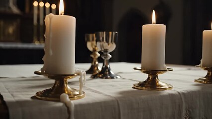 Maundy Thursday background with simple altar setup, candles, and linen cloth banner