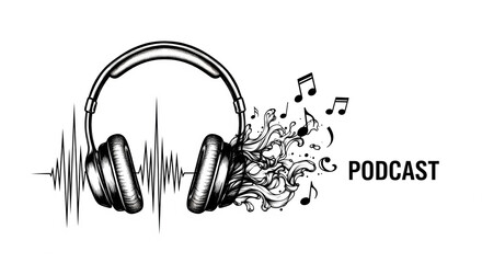 Headphones illustration for podcasting, featuring sound waves, musical notes, and an organic flowing design in a black and white sketch style.