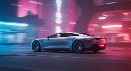 Obraz premium White futuristic car driving fast on a colorful, neon-lit city street at night. Modern electric vehicle for sustainable urban transportation future.