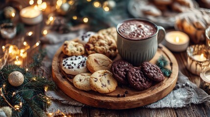 Fototapeta premium Cozy Holiday Table with Assorted Cookies and Steaming Hot Beverage Surrounded by Soft Lights and Warm Decor
