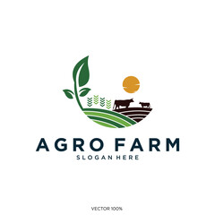 Agro Farm Logo with Green Leaf and Livestock Landscape