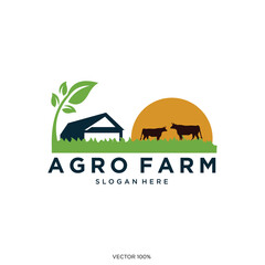 Agro Farm Logo with Barn, Cows, and Green Plant Silhouette