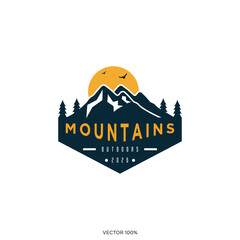 Mountain Outdoors Adventure Emblem with Sun and Trees