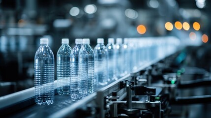 Fototapeta premium Clean Production Line of Plastic Bottles in Industrial Environment with Blurred Background and Focus on Bottles