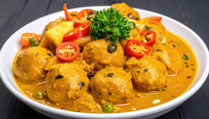 Fototapeta premium Delicious Indian Curry with Meatballs and Vegetables, Close Up