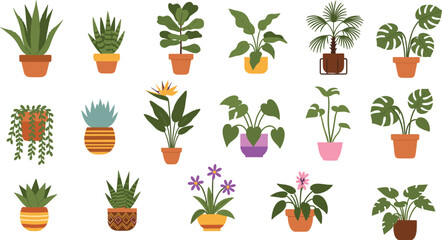 Indoor potted plant collection, botanical diversity, succulent and leafy greenery, decorative pots, home garden illustration, cartoon vector design © Asia