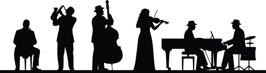 Jazz band musician silhouette featuring trumpet, double bass, violin, piano, drums, live music performance, classic ensemble illustration, black and white © Asia