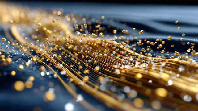 Golden Threads of Technology: A close-up view presents an artistic arrangement of shimmering golden threads and particles, weaving across a dark, flowing surface.