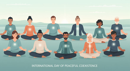 A diverse group of men and women meditating peacefully outdoors with glowing hearts, symbolizing unity, inner peace, and harmony for the International Day of Peaceful Coexistence.