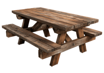 Rustic wooden picnic table with plank seating on a dark background