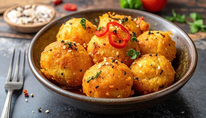 Delicious golden fried potato balls with sesame seeds in a bowl