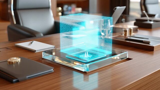 Futuristic Concept on the Desk: A digital holographic cube floats over a table, representing an innovative concept, reflecting future technology and modern progress. 