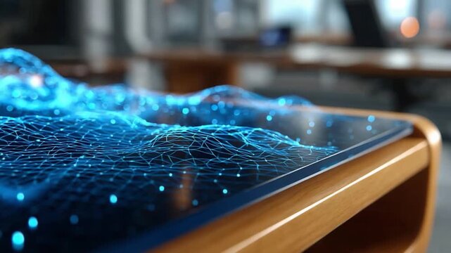 Digital Landscape on Table: A stunning digital representation of a network landscape is rendered on a sleek table, symbolizing innovation and technological advancement.