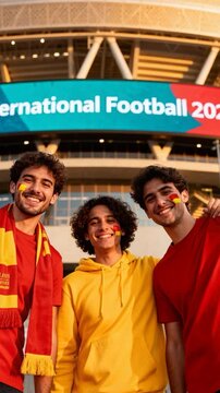 Group of Passionate Spanish Football Fans Cheering for Team Victory Outside Stadium at Sunset