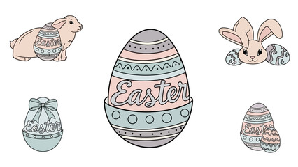 Happy Easter with cute illustrated rabbits and decorative patterned eggs in pastel colors, perfect for greeting cards and festive designs