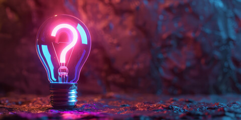 Glowing Light Bulb with Question Mark Neon Pink and Blue Enigma Concept
