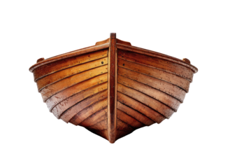 Wooden rowboat prow, polished wood, front view, on a black background
