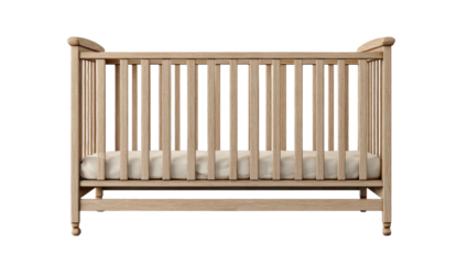 Wooden baby crib, front view, with slats and a light mattress