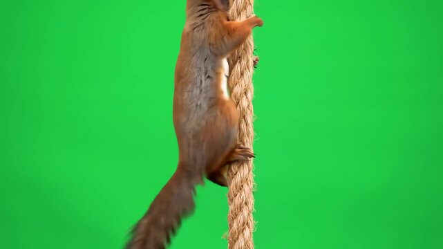 Squirrel Climbing Rope Against Bright Green Screen.