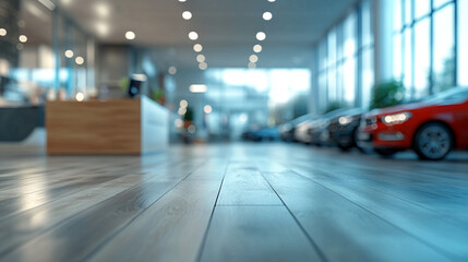 Interior of a modern car dealership reception area with blurred showroom and row of new cars on display with reception desk and automotive and sales and service and waiting area and floor with tiled