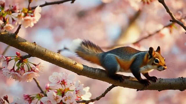 Squirrel perched on cherry blossom branch in spring
