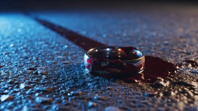 A Blood Stained Ring Lies on Dark Asphalt Under Dramatic Blue and Red Lighting Indicating a Crime Scene or Tragic Event Investigation