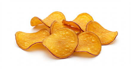 Crispy golden sweet potato chips perfectly lit on a clean white background delicious healthy snack photography. AI Generated