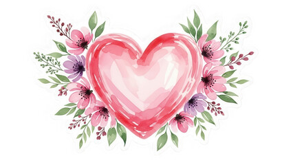Watercolor heart with flowers isolated on transparent background