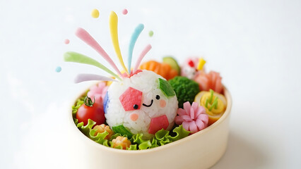 A creative and colorful bento box with a smiling face made of food isolated on white background