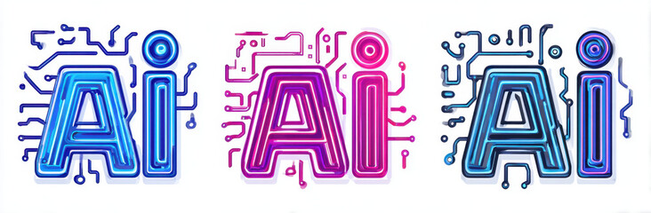 AI logo design features vibrant colors and circuit board patterns, showcasing text AI in blue, pink, and purple. This modern design symbolizes technology and innovation