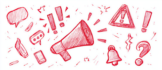 Hand drawn icon set featuring megaphone, exclamation marks, speech bubbles, and warning signs, perfect for web design and communication themes. This vibrant illustration conveys urgency